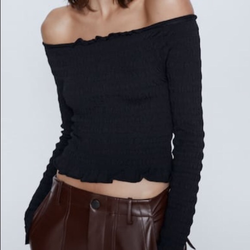 Zara Smocked Off the Shoulder Top with 3/4 Sleeve